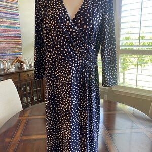 Anne Klein Blue and White Long Sleeve Wrap Dress